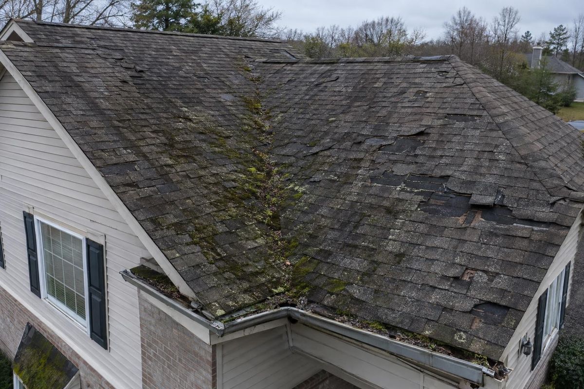 Worn, mossy shingle roof, now replaced, before